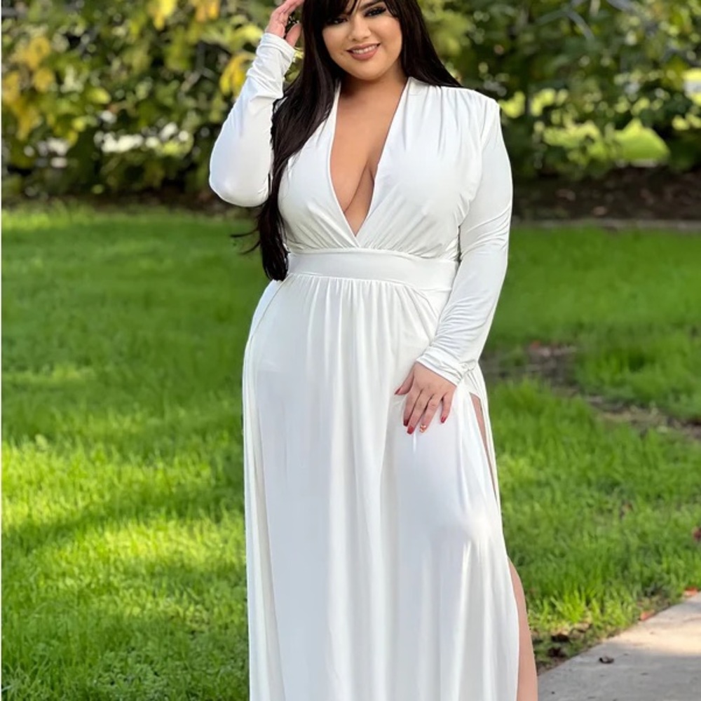 Fashion Nova White Plunge Gown with Bishop Sleeves
